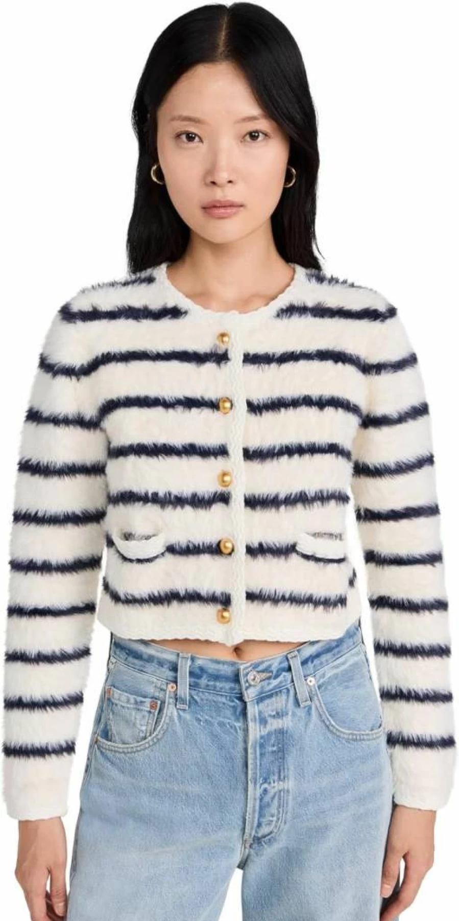 MOON RIVER Women's Striped Long Sleeve Cardigan Sweater - Cozy Round Neck Knit Top
