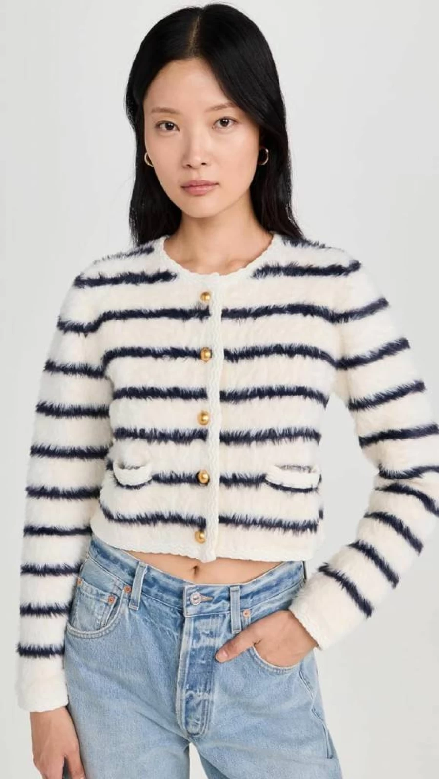 MOON RIVER Women's Striped Long Sleeve Cardigan Sweater - Cozy Round Neck Knit Top