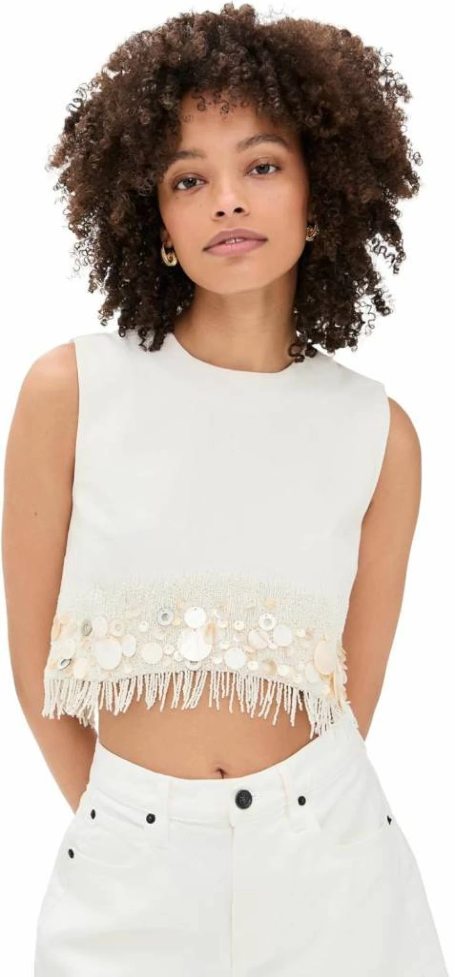 AMUR Women's Antonella Beaded Shell Top with Mother of Pearl Detail in Off White - Size 8