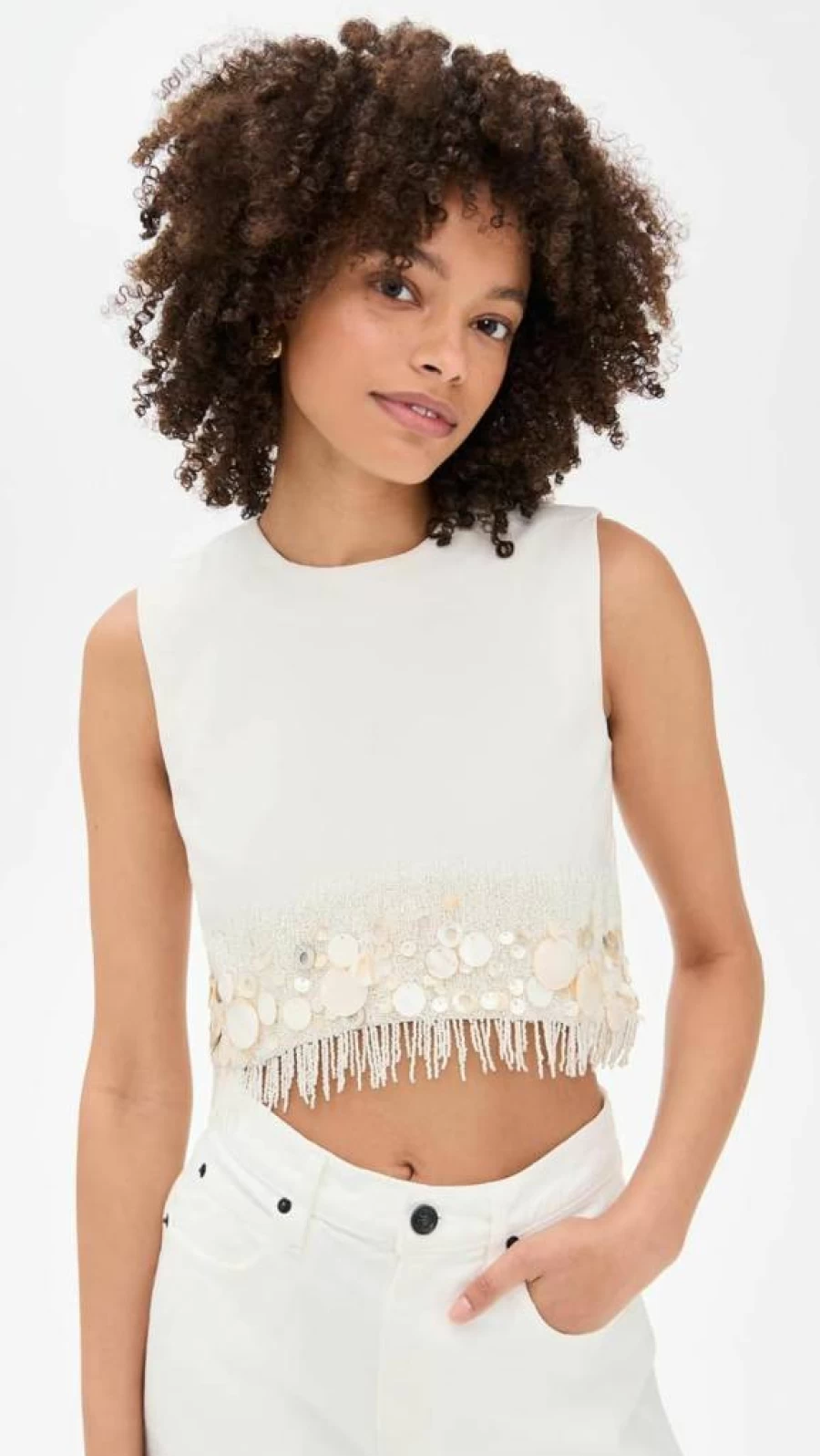 AMUR Women's Antonella Beaded Shell Top with Mother of Pearl Detail in Off White - Size 8