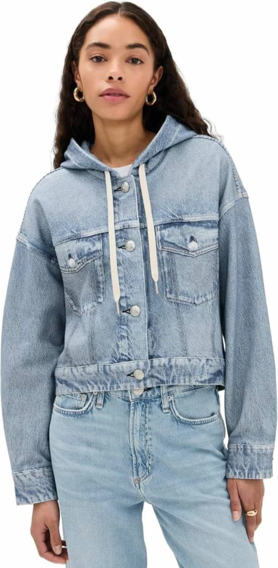 Rag & Bone Women's Miramar Trucker Hoodie | Distressed Denim Jacket with Hoodie Style