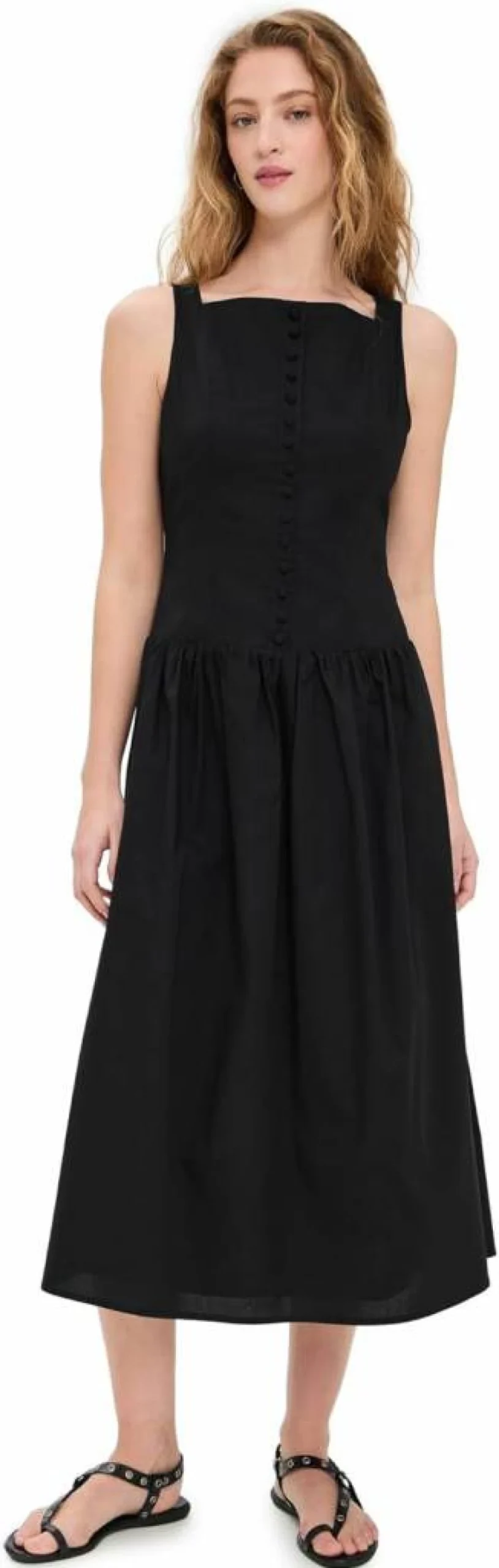 WAYF Women's Midi Dress with Button-Up Front - Elegant Casual Summer Dress