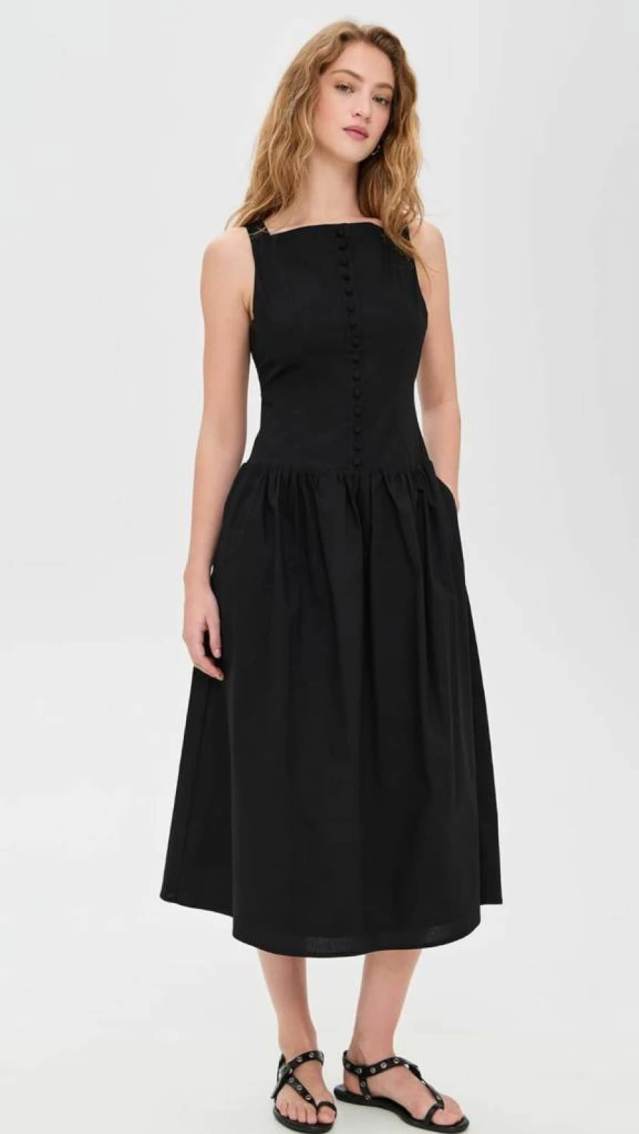 WAYF Women's Midi Dress with Button-Up Front - Elegant Casual Summer Dress