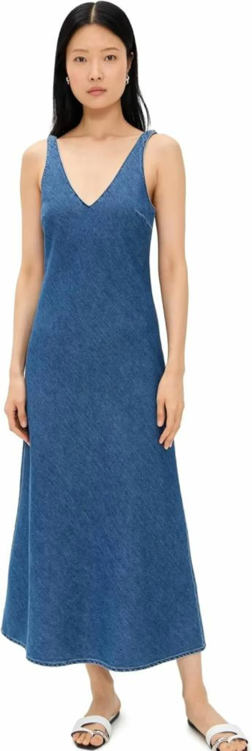 LNA Women's Vintage Denim V-Neck Slip Dress - 90s Inspired Stretch Midaxi Dress for Women