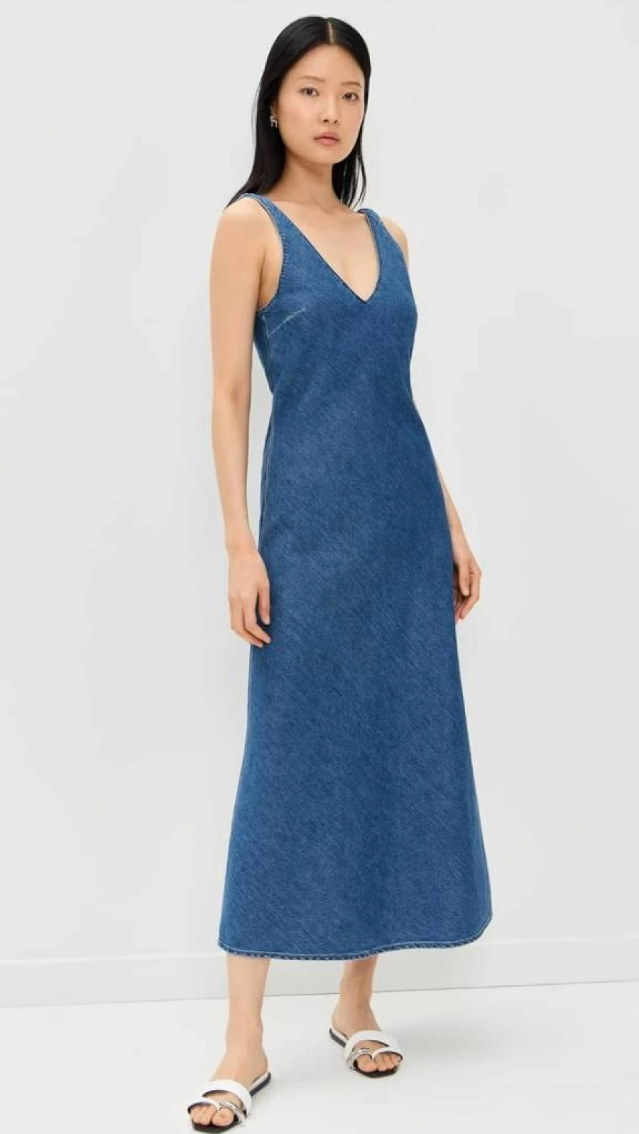 LNA Women's Vintage Denim V-Neck Slip Dress - 90s Inspired Stretch Midaxi Dress for Women