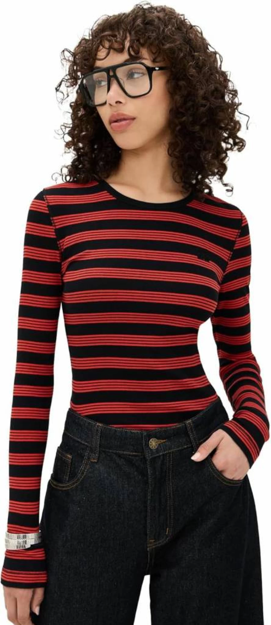 Ganni Women's Striped Long Sleeve T-Shirt - Soft Cotton Ribbed Crewneck Top
