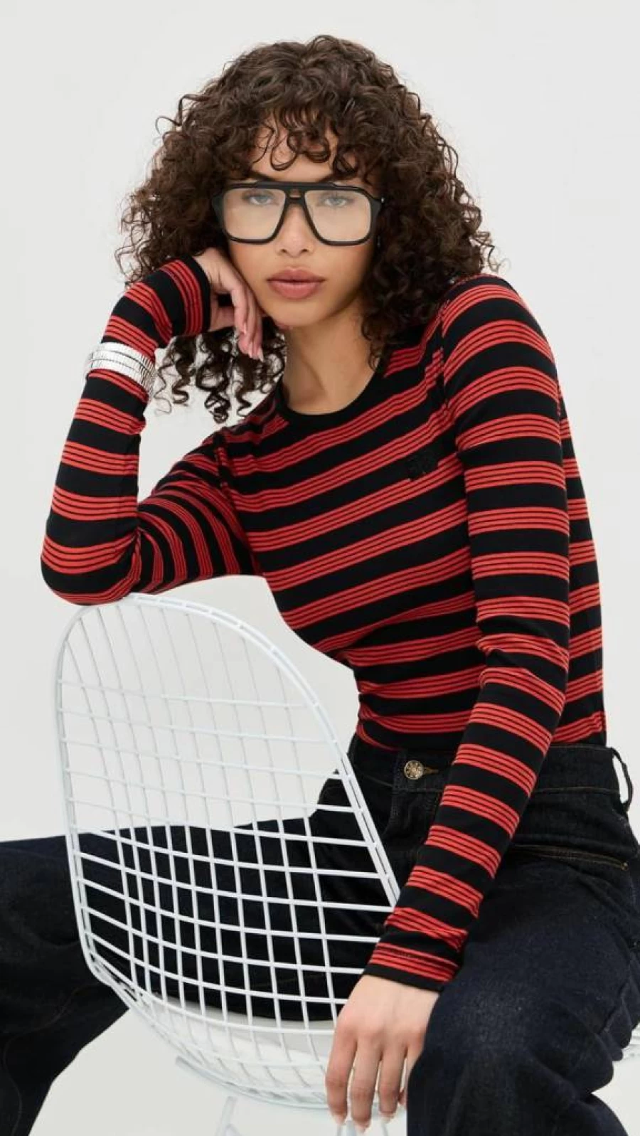Ganni Women's Striped Long Sleeve T-Shirt - Soft Cotton Ribbed Crewneck Top