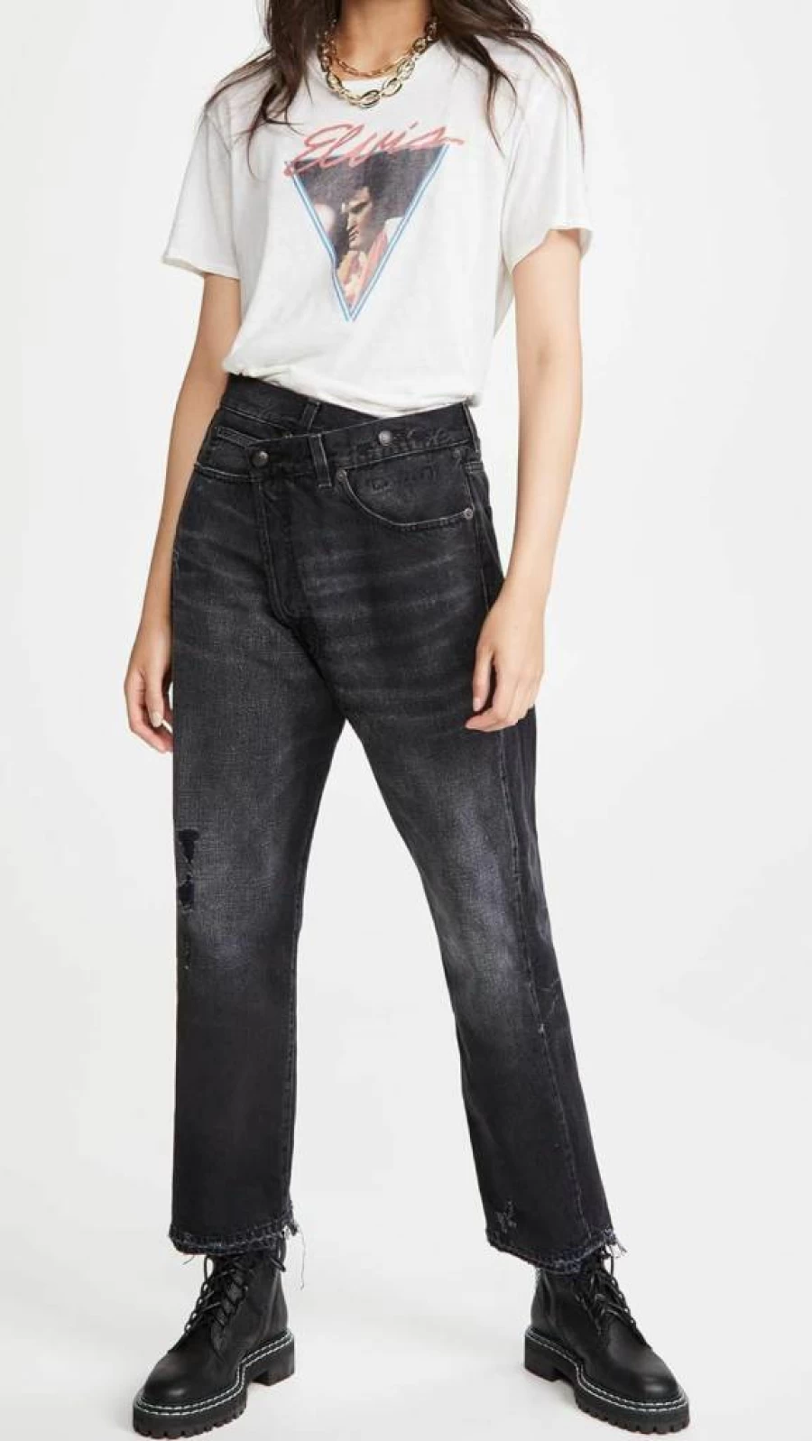 R13 Women's High-Rise Crossover Denim Jeans - Vintage Washed Slim Fit Stretch Skinny Jeans