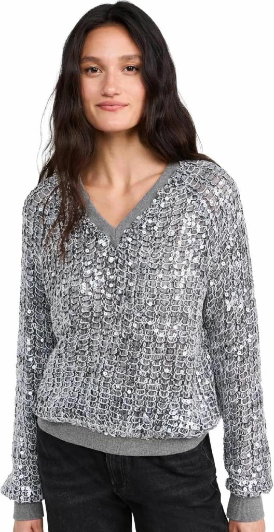 Le Superbe Women's Grey V-Neck Pullover Sweater - Soft Casual Knit Top