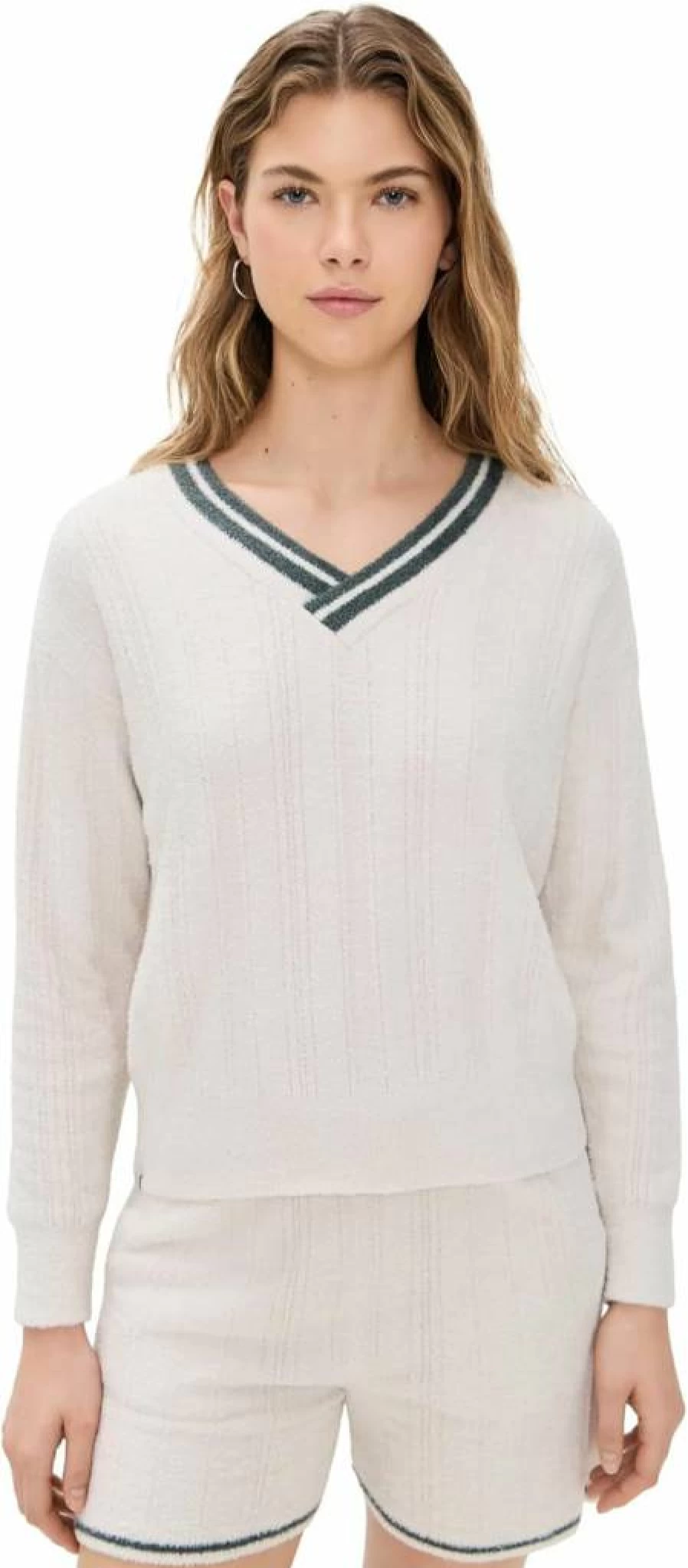 Barefoot Dreams Women's Cozy V-Neck Pointelle Knit Pullover Sweater