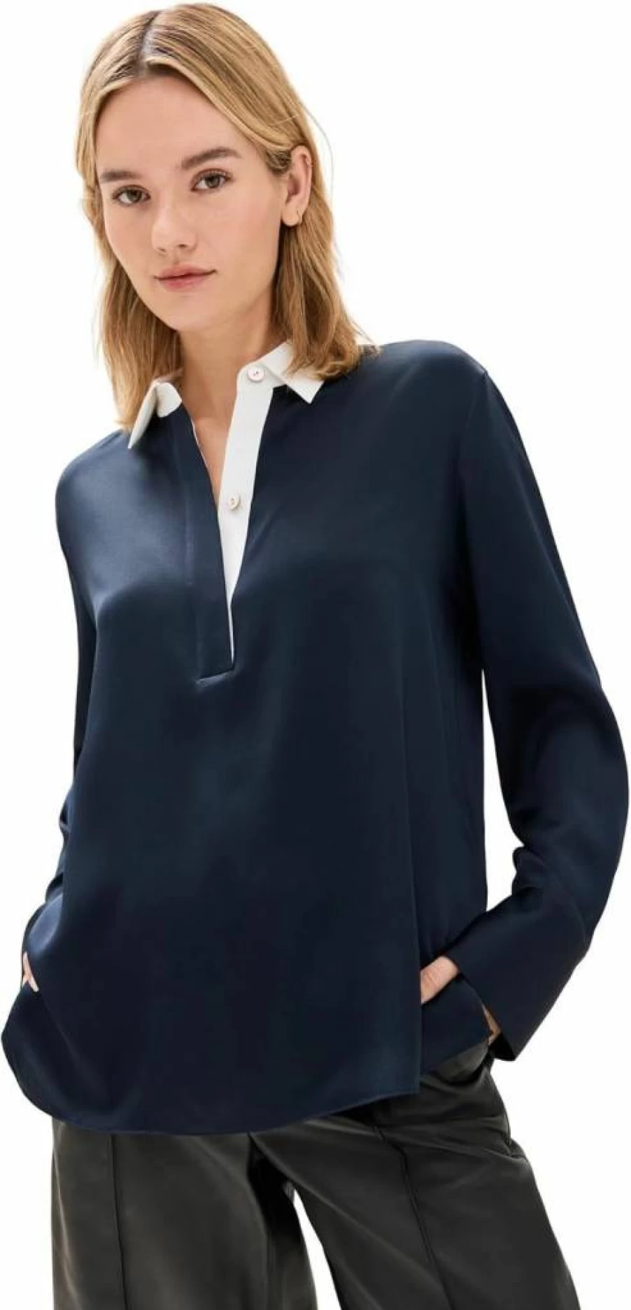 Vince Women's Luxury Satin Rugby Shirt - Elegant Long Sleeve Blouse for Casual & Office Wear
