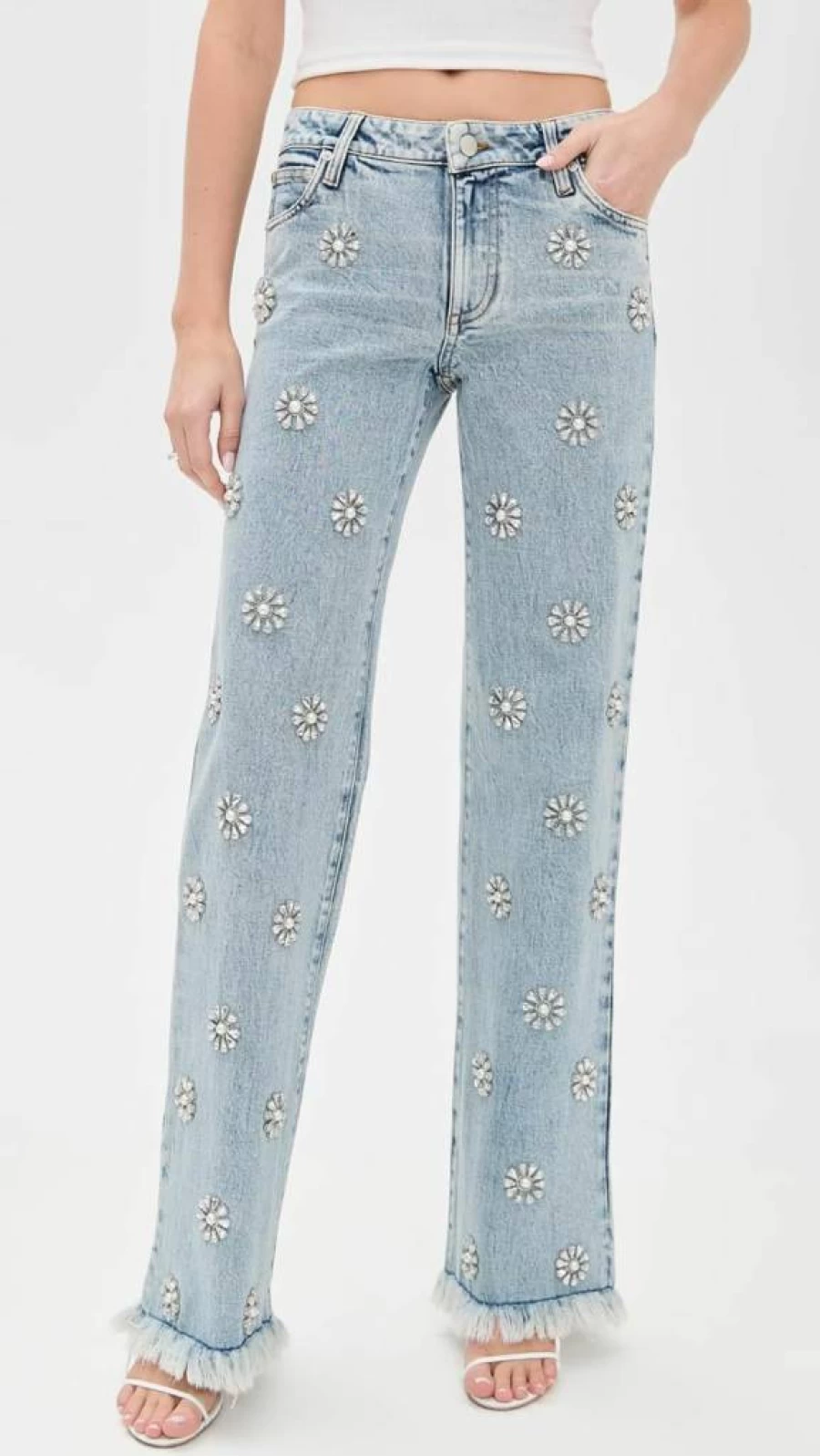 Alice + Olivia Women's Roxie Embellished Flare Jeans - Embroidered Straight Leg Denim Pants