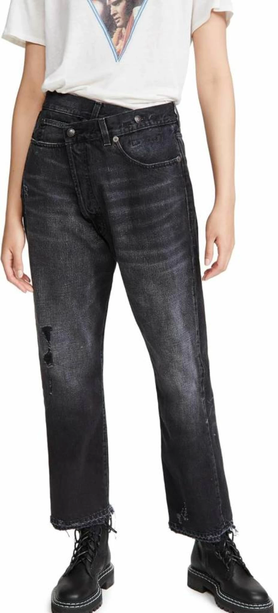 R13 Women's High Waist Cross Over Denim Jeans - Vintage Style Stretch Comfort Fit