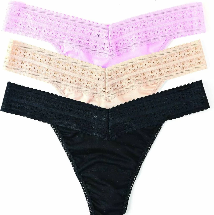 Hanky Panky Women's Lace Thong Panties 3-Pack | Eco-Friendly Cotton Lingerie | One Size Fits 4-14 | Original Rise Dreamease Collection