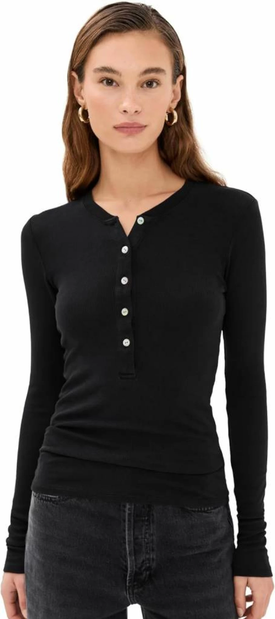 Good American Women's Jeanius Fitted Long Sleeve Henley Top | Stretch Denim Shirt