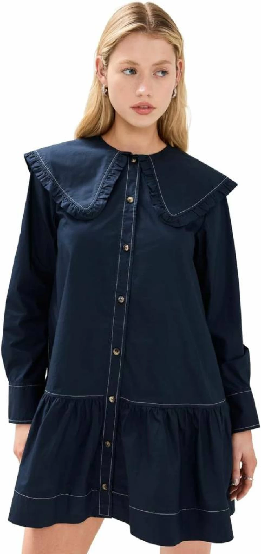 Ganni Women's Poplin Mini Shirt Dress with Big Collar - Stylish Casual Summer Dress