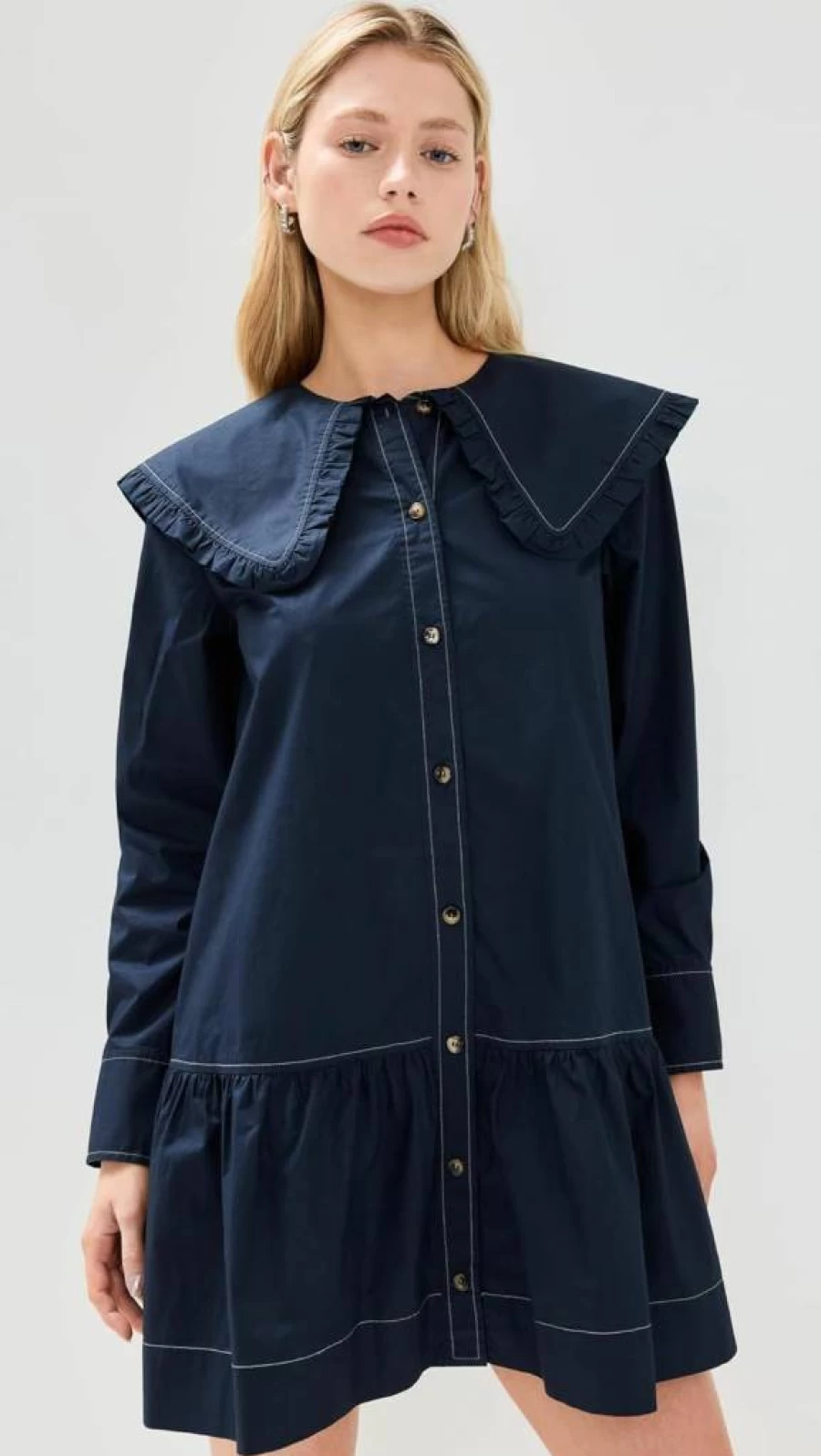 Ganni Women's Poplin Mini Shirt Dress with Big Collar - Stylish Casual Summer Dress