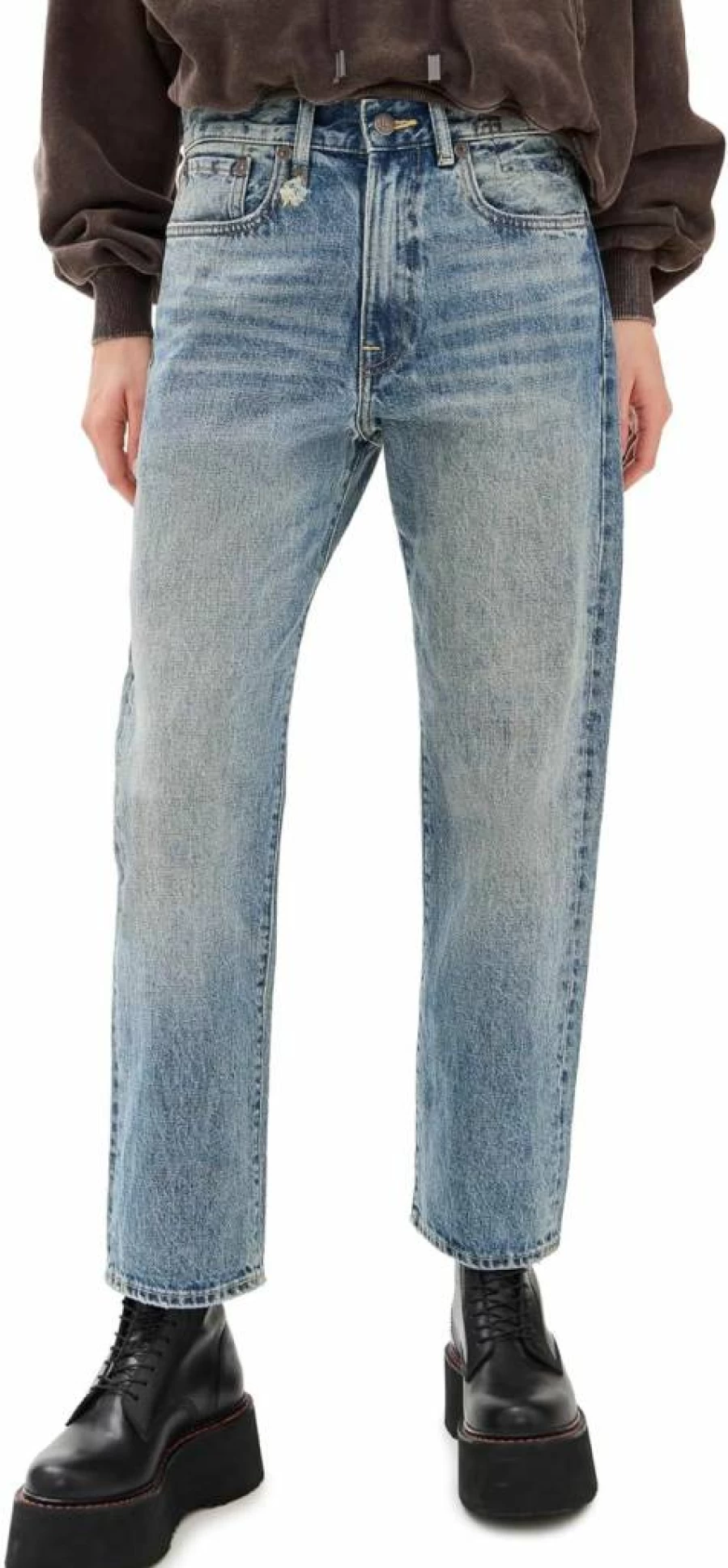 R13 Women's Distressed Boyfriend Jeans - High Waisted Relaxed Fit Denim Pants