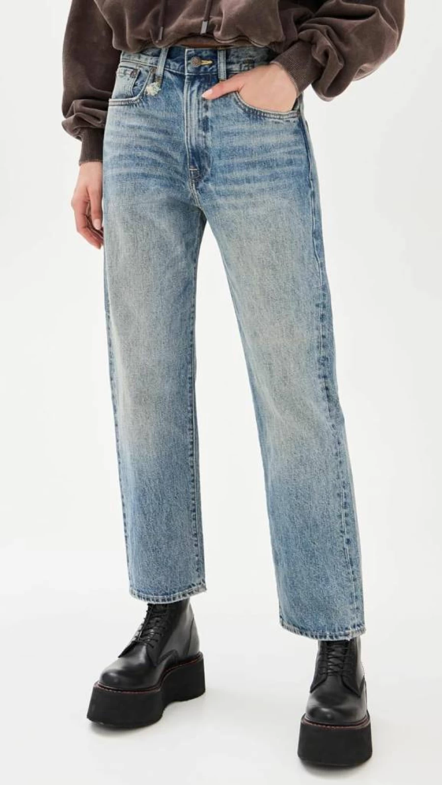 R13 Women's Distressed Boyfriend Jeans - High Waisted Relaxed Fit Denim Pants