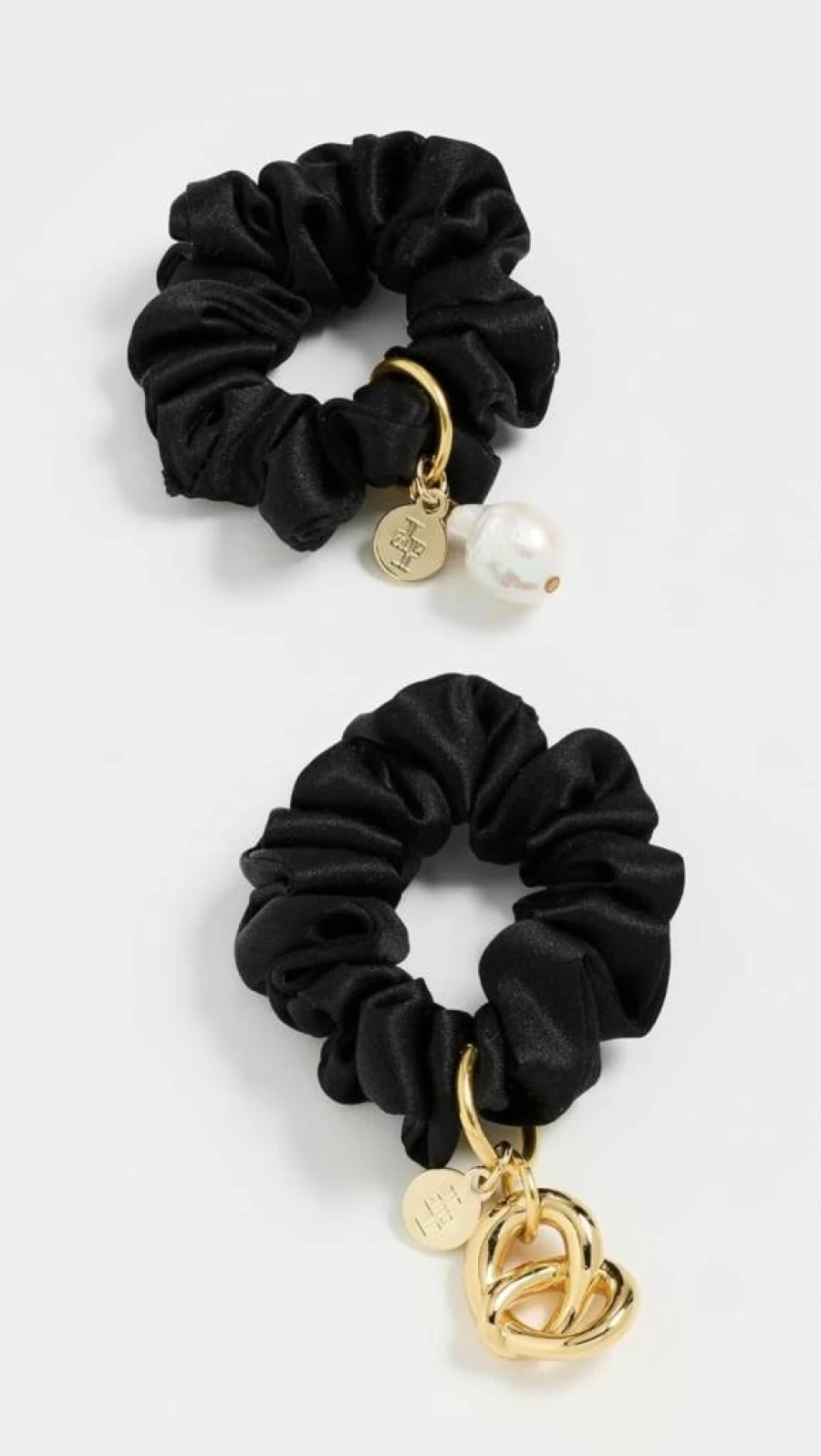 LELET NY Glossy Hair Scrunchie Set with Knot & Pearl Charm - 2 Pack, Black, One Size