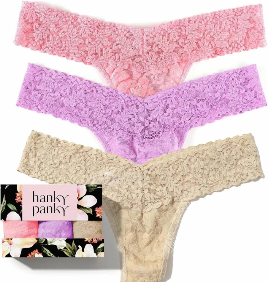 Hanky Panky Women's Signature Low Rise Lace Thongs - 3 or 5 Pack Lingerie in One Size Fits 4-14 | Soft Comfortable Lacy Underwear