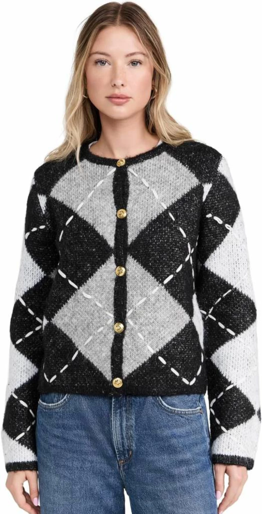 English Factory Women's Vintage Argyle Knit Cardigan Sweater Classic British Style
