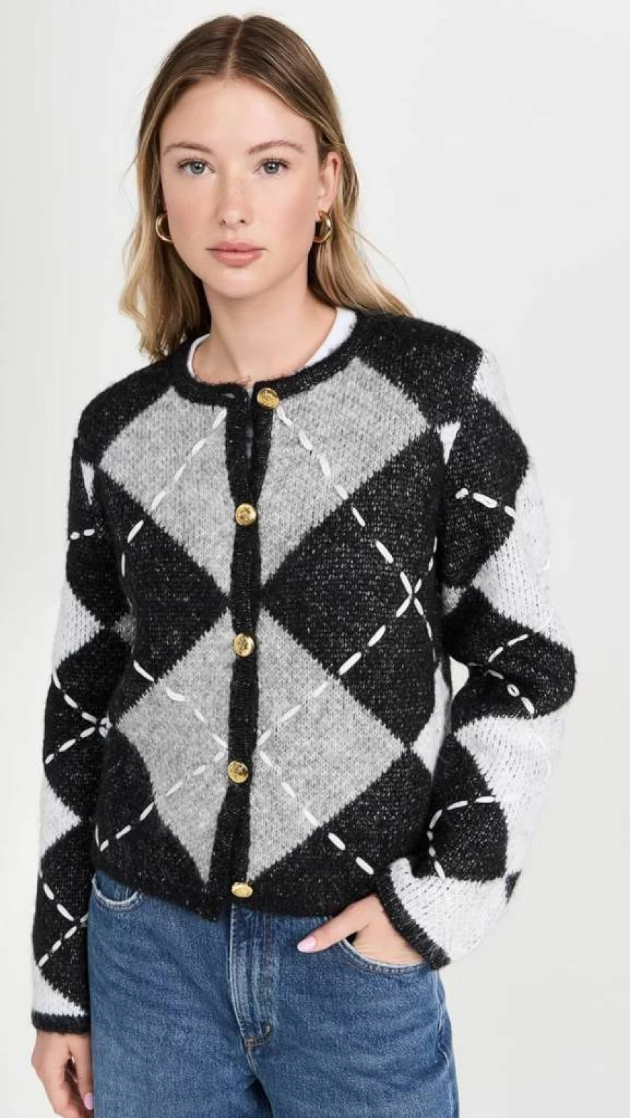 English Factory Women's Vintage Argyle Knit Cardigan Sweater Classic British Style