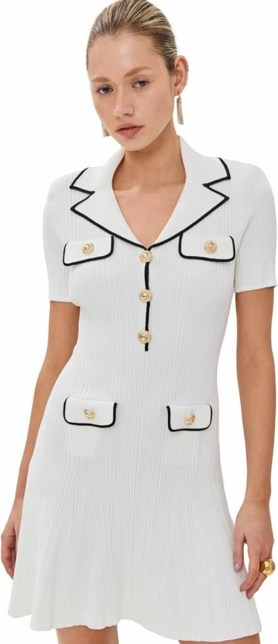 Self Portrait Women's White Viscose Rib Knit Mini Dress - Elegant Short Sleeve Party Dress
