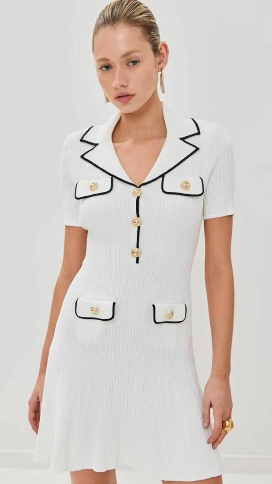 Self Portrait Women's White Viscose Rib Knit Mini Dress - Elegant Short Sleeve Party Dress