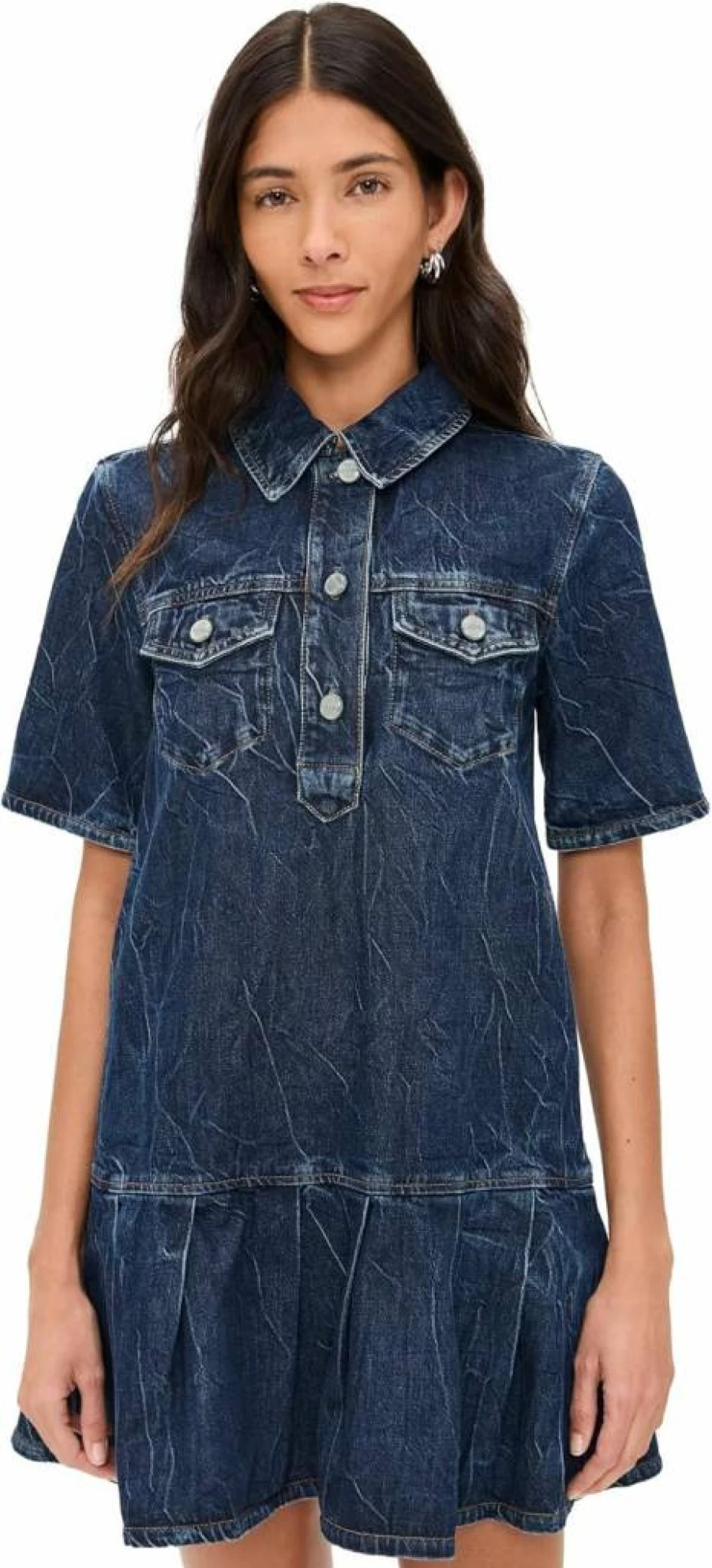 Ganni Women's Crinkled Future Denim Mini Dress - Stylish Vintage-Inspired Blue Denim Dress