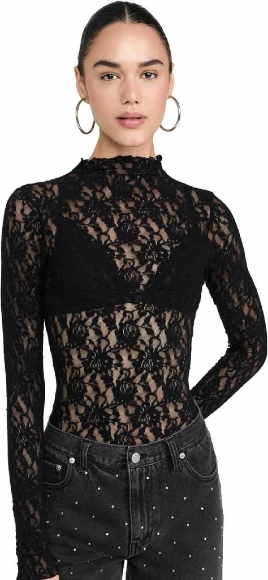 Hanky Panky Women's Lace Mock Neck Long Sleeve Bodysuit - Signature Thong Style
