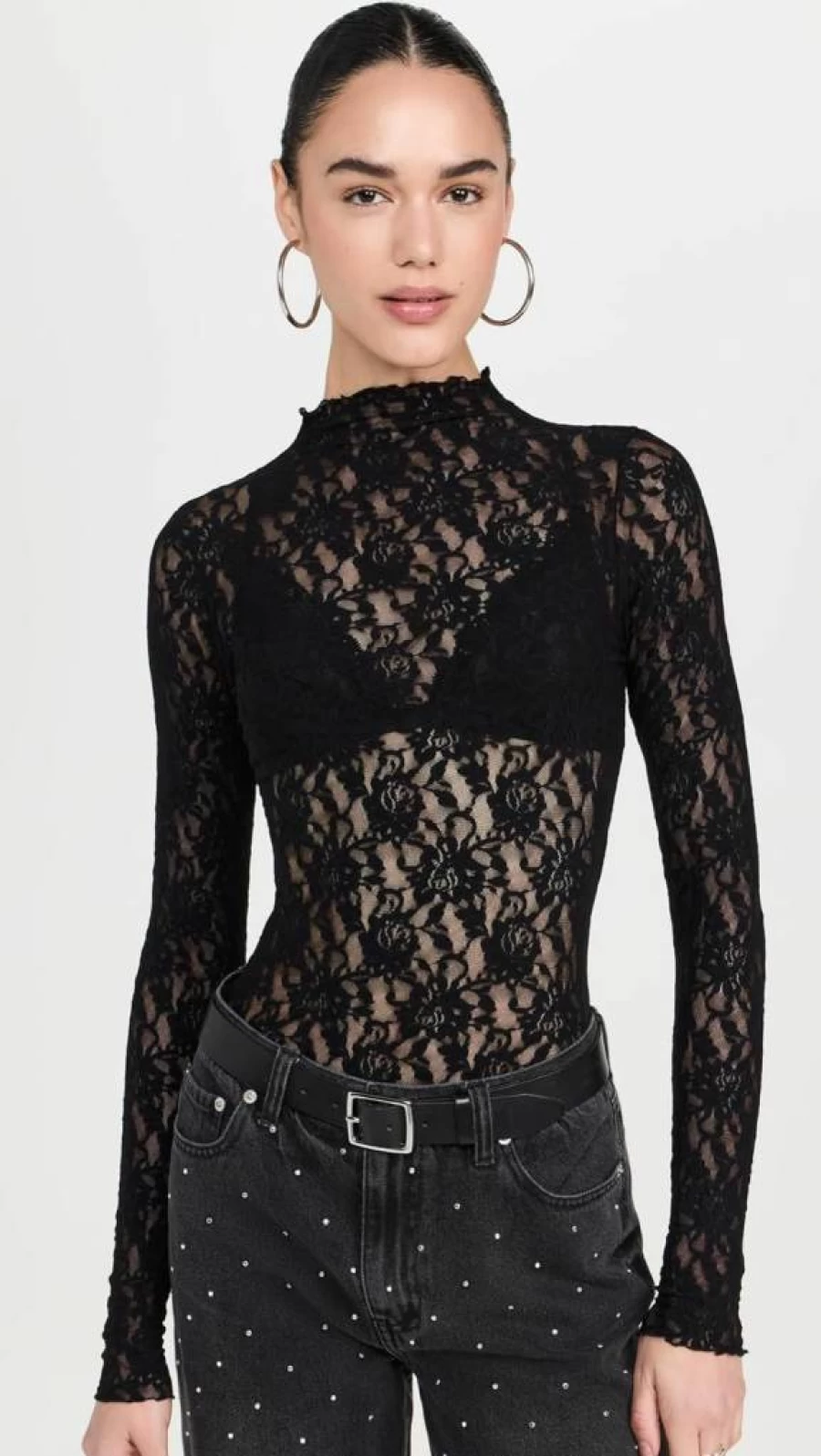 Hanky Panky Women's Lace Mock Neck Long Sleeve Bodysuit - Signature Thong Style