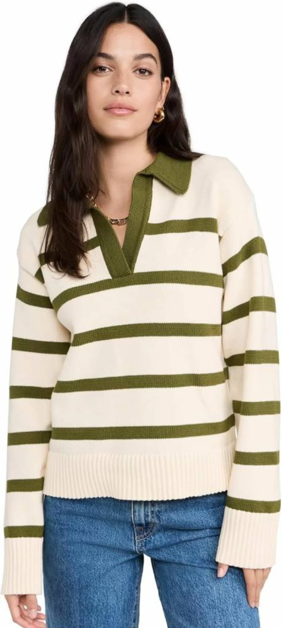 English Factory Women's Striped Collar Long Sleeve Knit Sweater