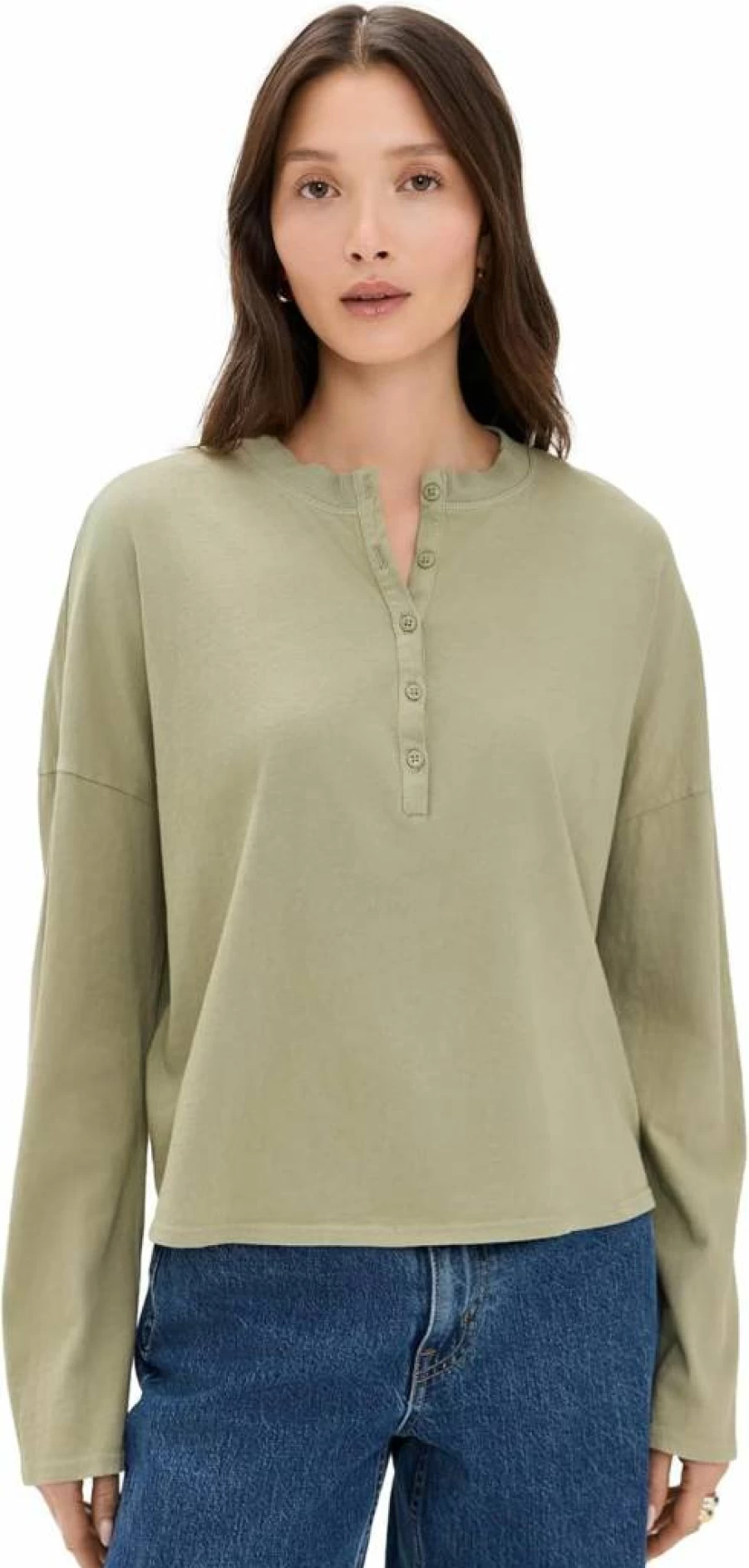 ASKK NY Women's Relaxed Henley Shirt - Comfortable Casual Long Sleeve Top