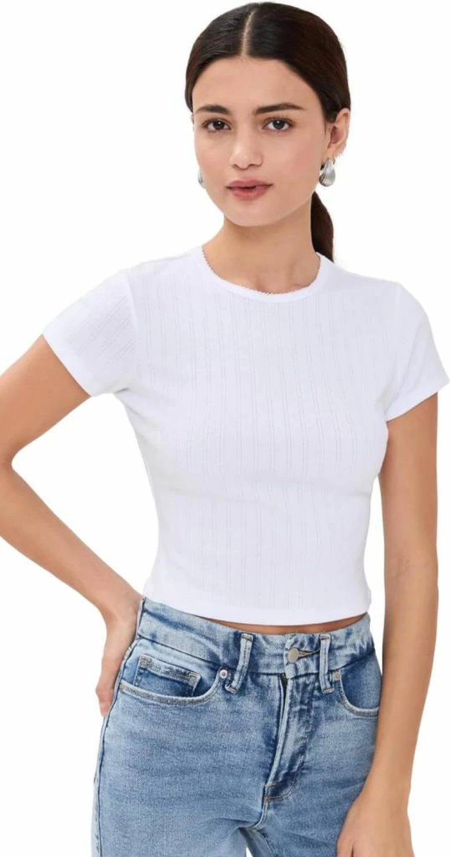 Good American Women's Pointelle Baby Tee - Soft Stretch Knit Top