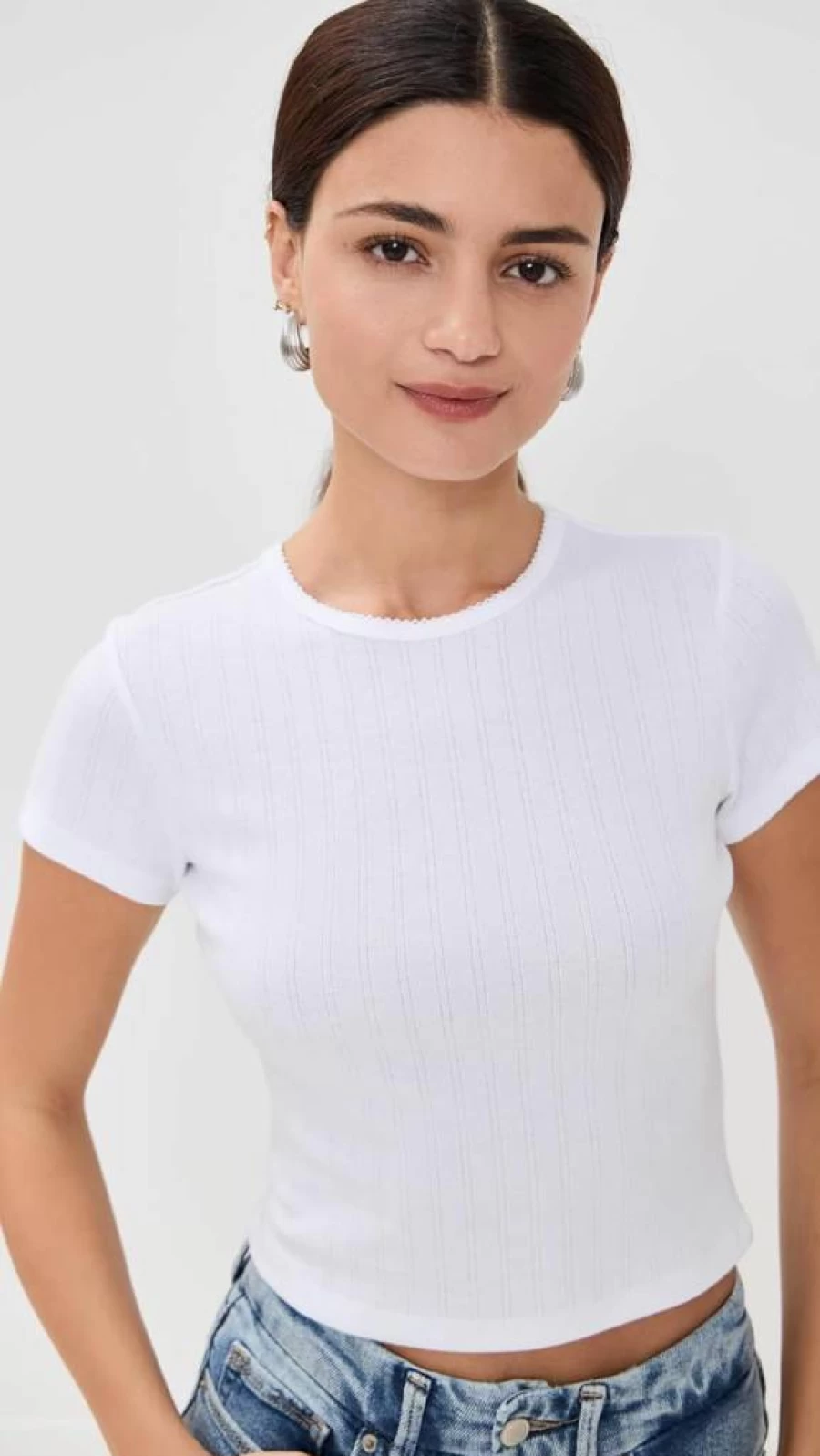 Good American Women's Pointelle Baby Tee - Soft Stretch Knit Top