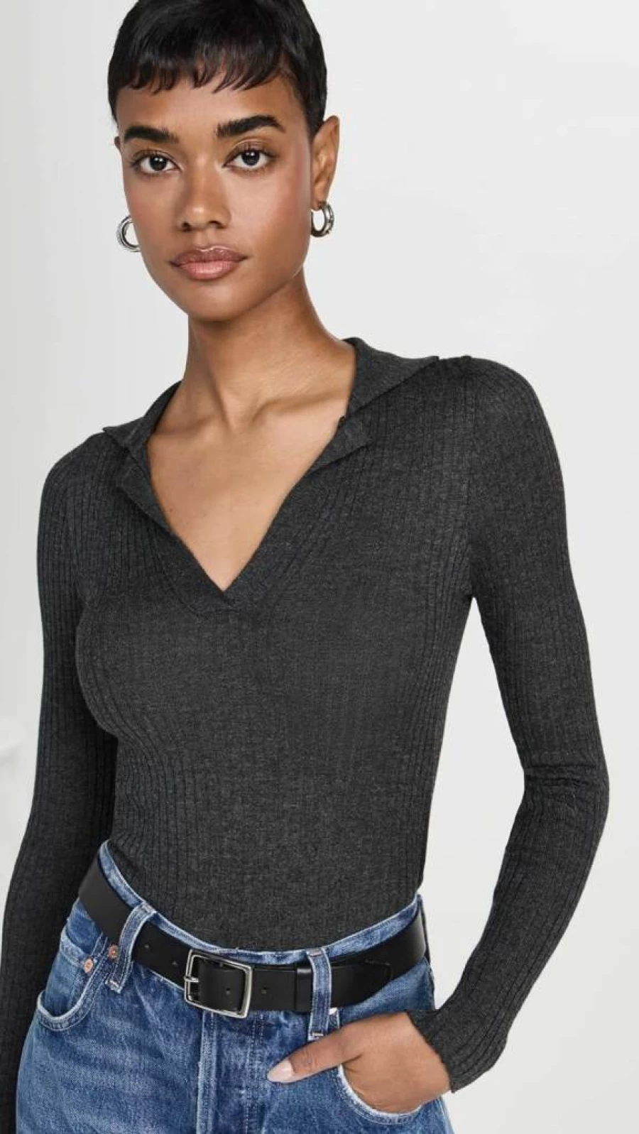 DL1961 Women's Long Sleeve Polo Shirt - Soft Knit Cotton Blend - Classic Collared Top