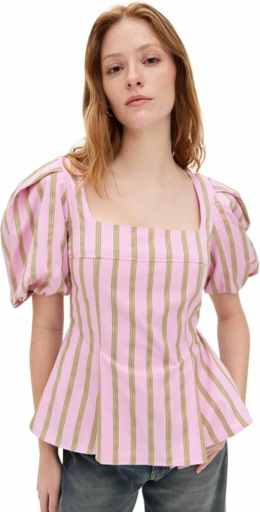 Stine Goya Women's Jacquard Weave Blouson Sleeve Soft Top - Elegant Feminine Style