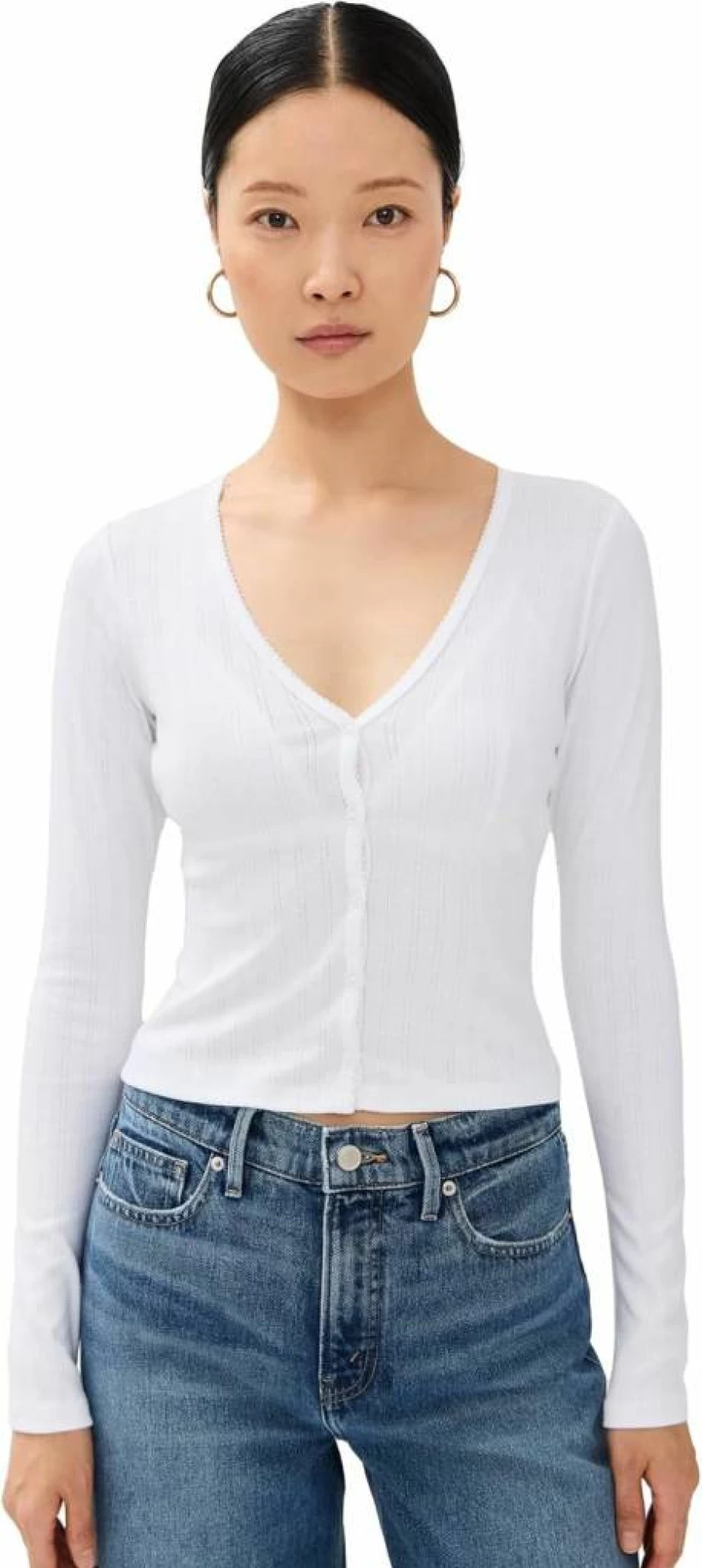 Good American Women's Pointelle Knit Cardigan Sweater - Soft Casual Long Sleeve Open Front