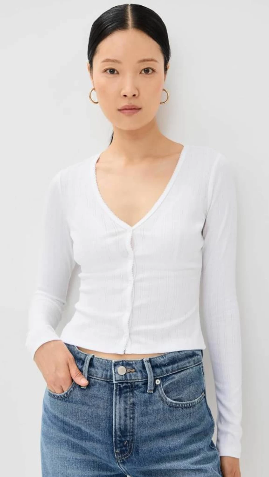 Good American Women's Pointelle Knit Cardigan Sweater - Soft Casual Long Sleeve Open Front