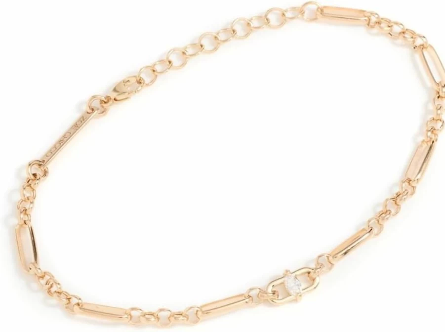 ZOE CHICCO 14K Gold Paperclip Rolo Chain Bracelet with Marquise Diamond for Women