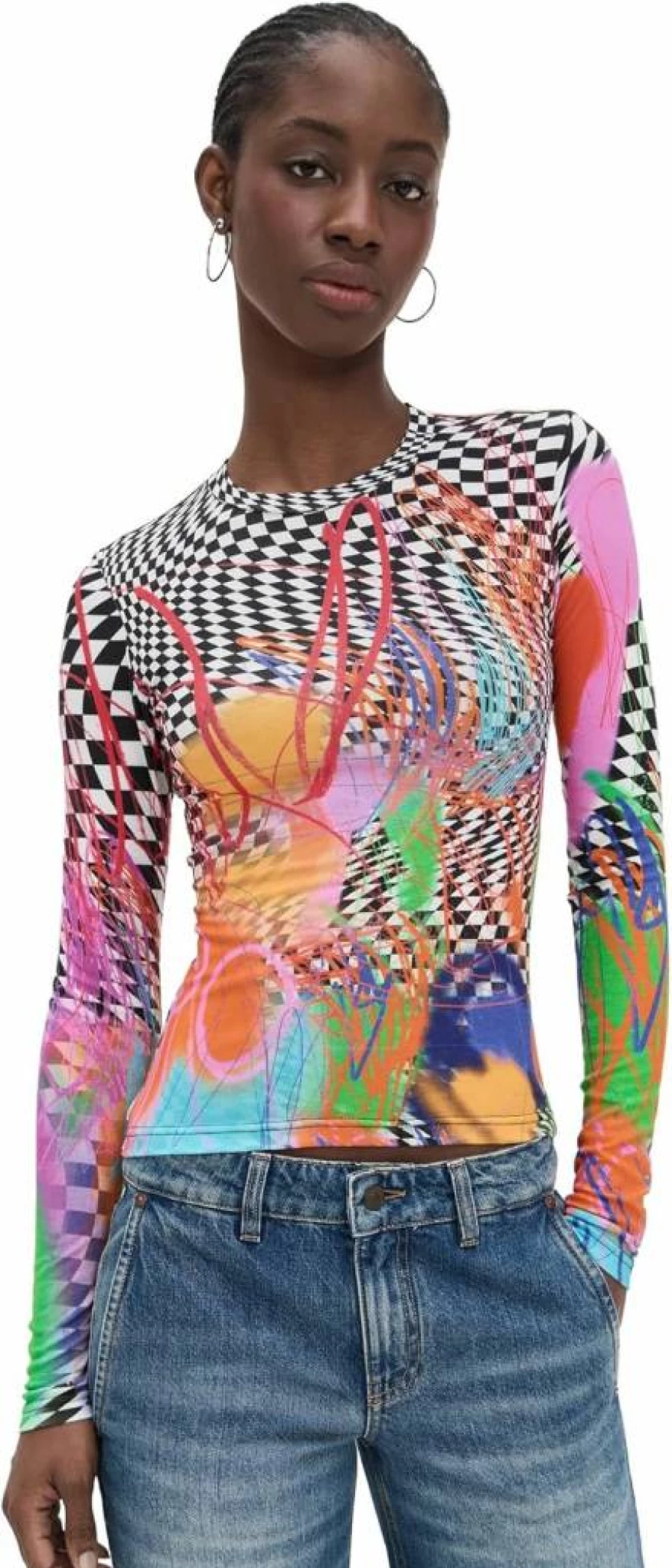 BruceGlen Women's Casual Scribble Check Pattern Knit Sweater Top