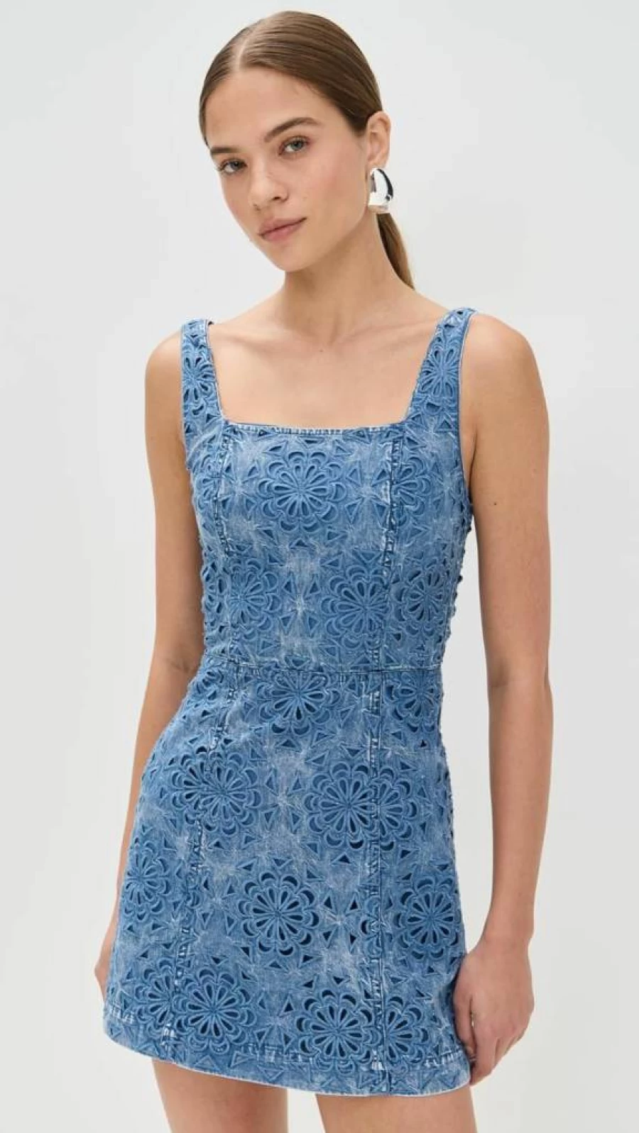 alice + olivIA Women's Maryann Floral Embroidered Denim Mini Dress with Cutout Detail