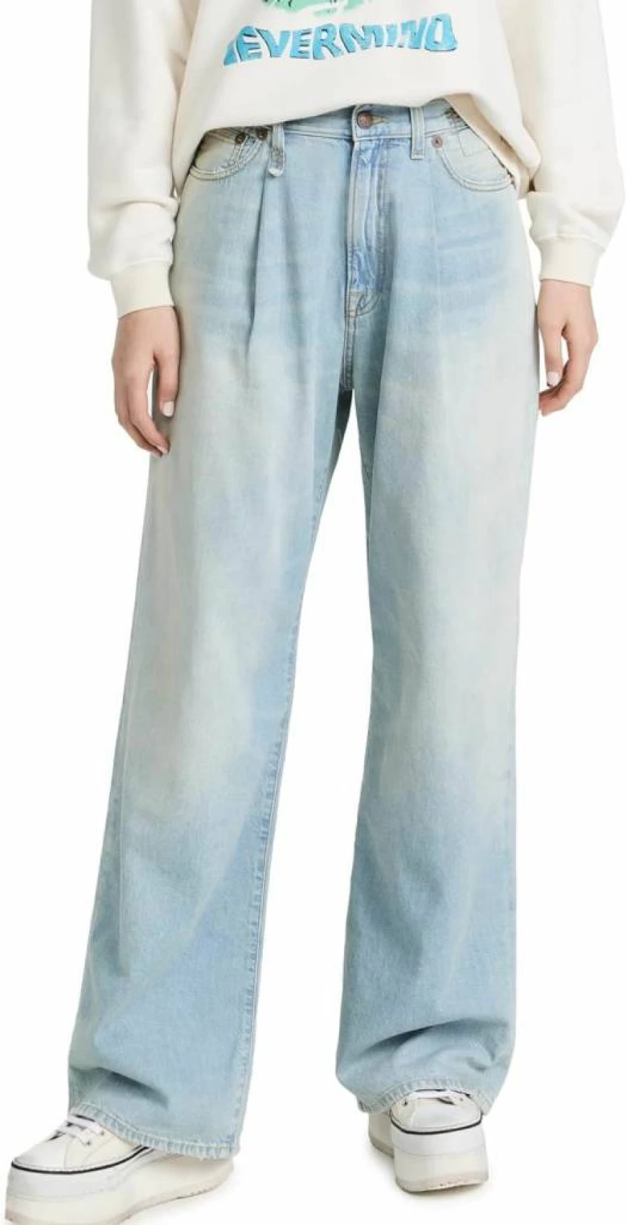 R13 Women's Damon High-Waisted Pleated Wide Leg Jeans - Vintage Blue Denim Pants