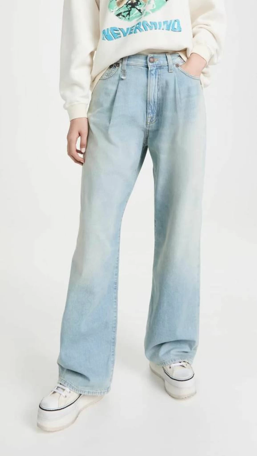 R13 Women's Damon High-Waisted Pleated Wide Leg Jeans - Vintage Blue Denim Pants