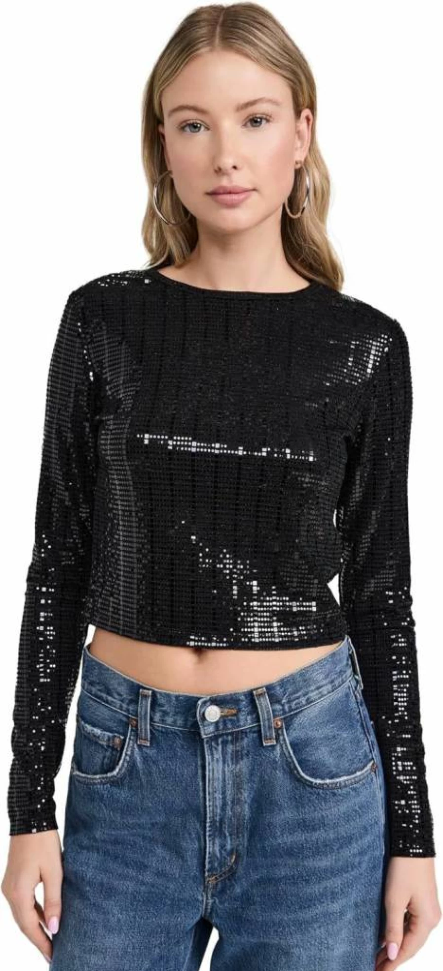 alice + olivia Women's Delaina Cropped Long Sleeve Crewneck Top