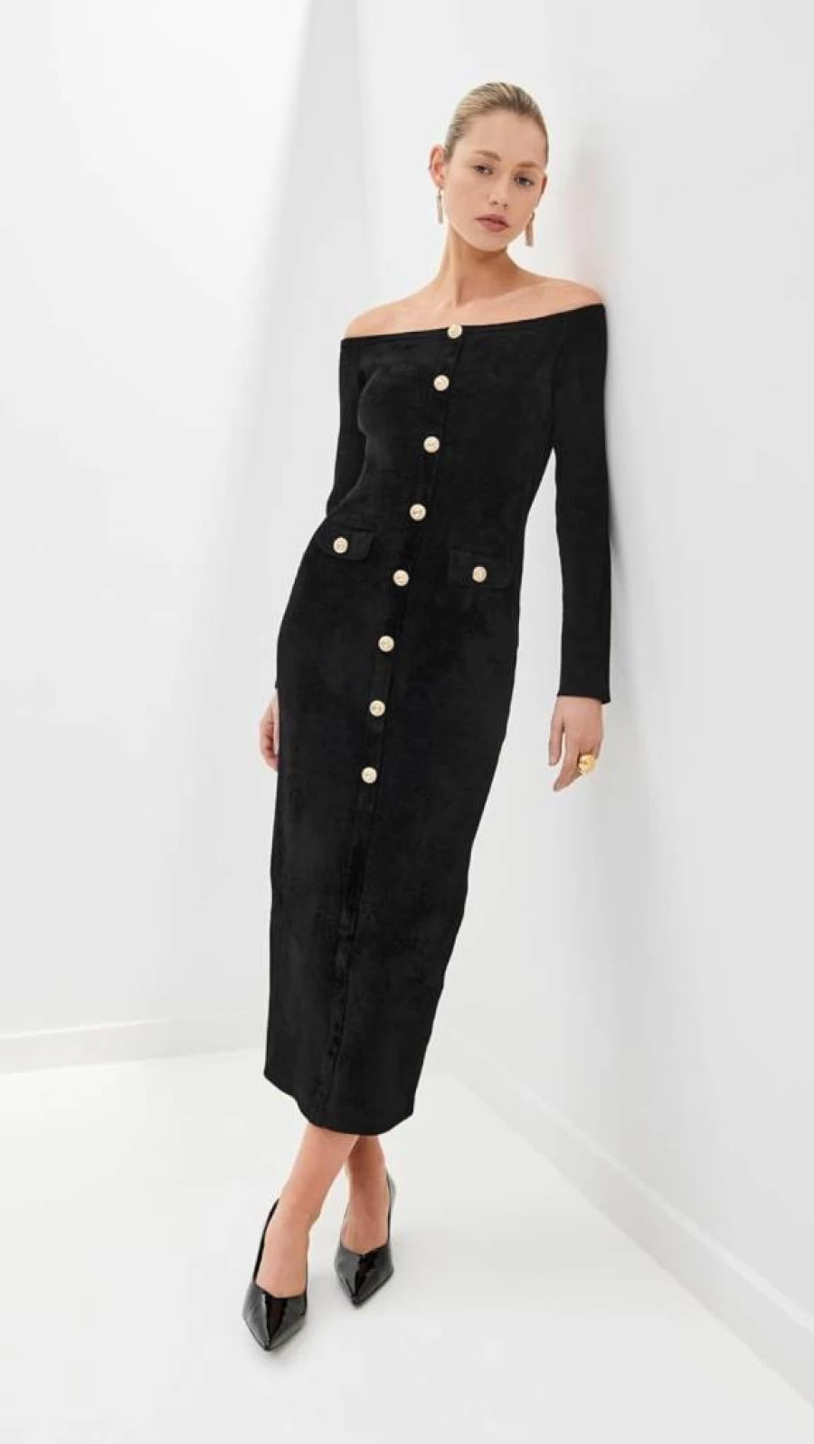 Self Portrait Black Chenille Knit Midi Dress for Women - Elegant Feminine Style
