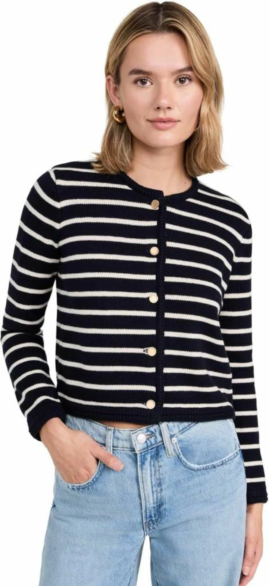 FRAME Women's Striped Cardigan Sweater - Classic Knit Open Front Long Sleeve Wrap