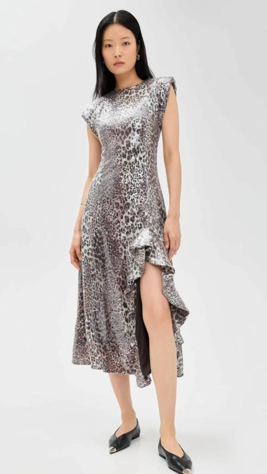 Ganni Women's Sequin Slit Maxi Dress with Floral Print and Stretch Fabric