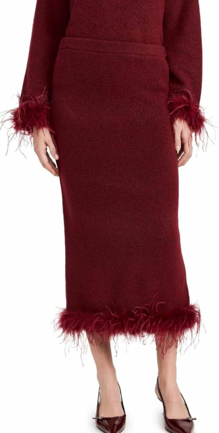 WAYF Women's Feather Trim Midi Skirt – Flowy Boho Style Skirt with Decorative Feather Hem